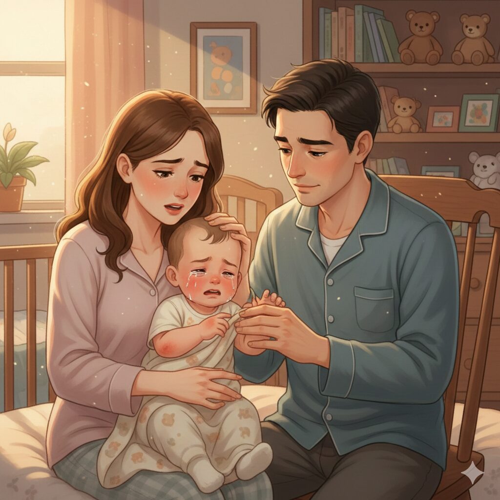 이미지 번호 1 - 아토피 때문에 울고 있는 아기와 걱정스럽게 바라보는 엄마 아빠의 모습 (따뜻한 색감, 희망적인 분위기)