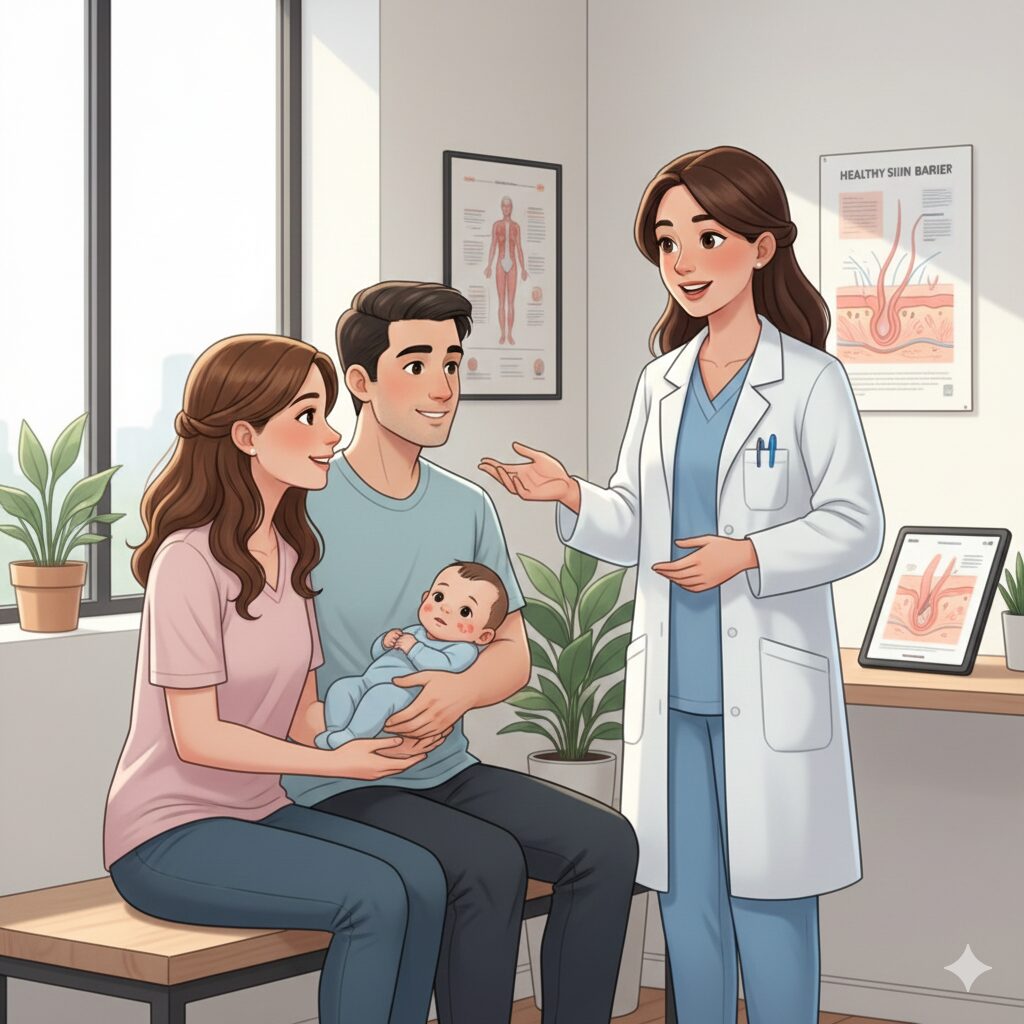 이미지 번호 3 - 소아청소년과 의사와 상담하고 있는 부모와 아이 (신뢰감을 주는 분위기)