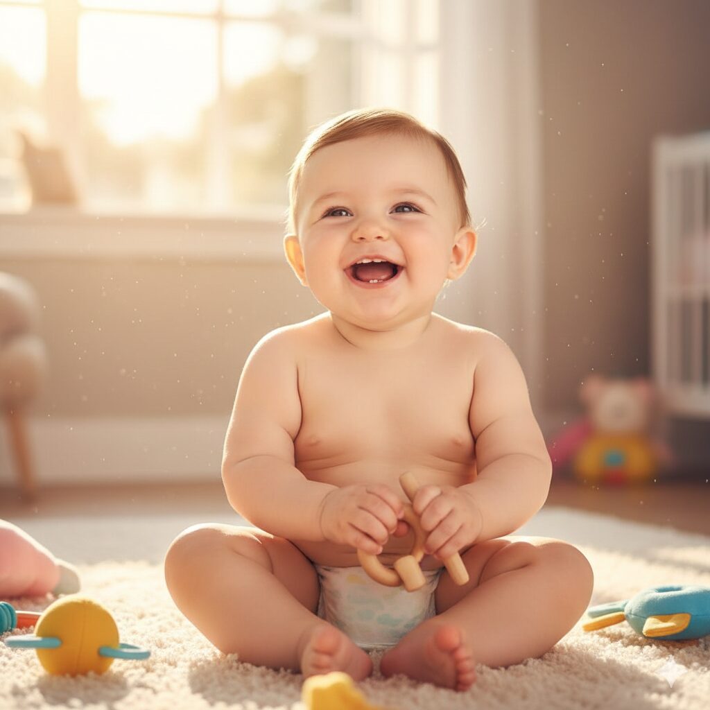이미지 번호 4 - 깨끗하고 촉촉해진 피부를 가진 아기가 환하게 웃는 모습 (행복하고 따뜻한 느낌)