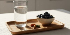 이미지 2 - 철분 수치가 높은 붉은 육류와 푸른 잎 채소, 그리고 철분제 알약이 조화롭게 놓인 이미지