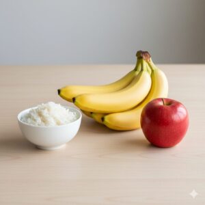 이미지 2 - 신선한 바나나, 쌀, 사과 등 소화에 좋은 건강한 식재료들이 정갈하게 놓여 있는 모습