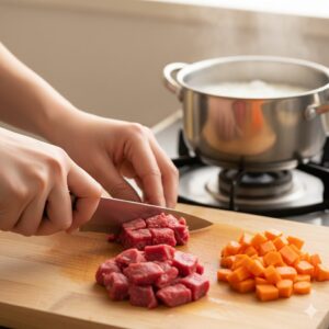 이미지 4 - 정성스럽게 다진 식재료와 보글보글 끓고 있는 냄비 속 회복 죽의 모습