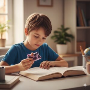 이미지 3 - 요거트 바를 맛있게 먹으며 책상 앞에 차분하게 앉아 책을 읽고 있는 아이의 모습