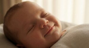 이미지 1 - 엄마 품에서 평온하게 잠든 아기와 옆에서 은은하게 들리는 백색소음 기기