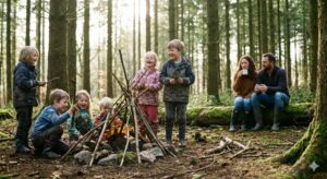 이미지 3 - '숲 놀이터에서 아이들이 나뭇잎과 돌멩이를 가지고 자유롭게 놀고 있고, 저 멀리서 부모들이 여유롭게 대화하며 아이들을 지켜보는 모습'