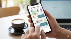 이미지 2 - '스마트폰 화면 속 지도에 우리 동네 공동육아 거점들이 표시되어 있고 부모들이 채팅으로 소통하는 스마트한 육아 환경의 모습'