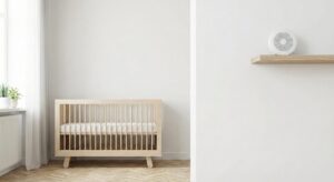 이미지 2 - 아기 침대에서 멀리 떨어진 선반 위에 놓인 백색소음기