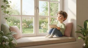 이미지 3 - 아이가 창밖을 보며 자유롭게 그림을 그리거나 상상에 빠져 있는 평화로운 모습