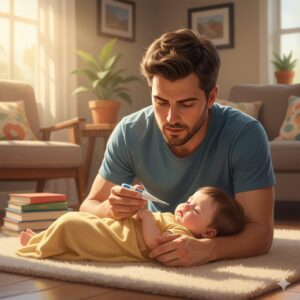 이미지 1 - 아기를 안고 걱정스럽게 열을 재고 있는 초보 부모의 모습과 배경에 따뜻한 햇살이 비치는 거실 풍경