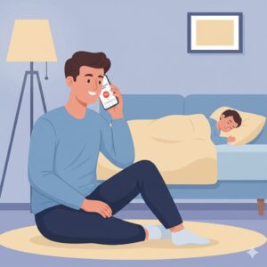 이미지 3 - 응급 상황 발생 시 부모가 침착하게 119에 전화하며 아이의 상태를 설명하는 모습