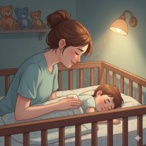 이미지 4 - 경련을 마친 아이가 평온하게 잠들어 있고, 그 곁을 지키며 안도하는 부모의 따뜻한 모습