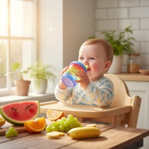 image 3 - 아기가 물컵을 잡고 물을 마시는 귀여운 모습과 신선한 과일들이 놓인 테이블