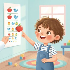 이미지 3 - 아이가 즐겁게 시력 검사(그림 카드)를 받는 장면