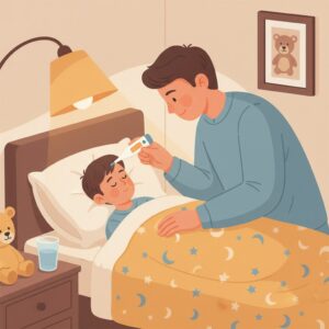 이미지 1 - '아픈 아이를 간호하며 온도계를 확인하는 부모의 따뜻한 모습'