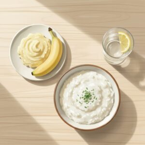 이미지 3 - '부드러운 흰 죽과 으깬 바나나가 놓여 있는 정갈한 아이 식단'