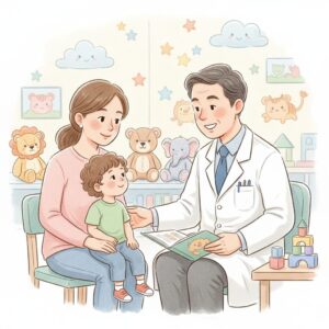 이미지 4 - '병원 대기실에서 부모의 품에 안겨 진료를 기다리는 아이'