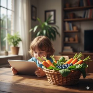 이미지 1 - 스마트폰을 보고 있는 아이와 그 옆에 놓인 신선한 채소와 과일 바구니