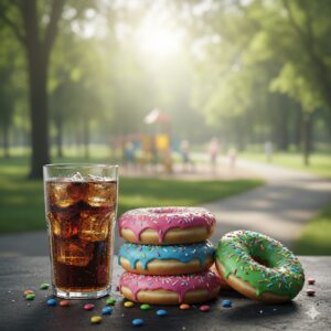 이미지 2 - 설탕이 가득한 간식과 그 뒤로 흐릿해 보이는 아이의 시야를 형상화한 이미지