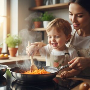 이미지 3 - 주방에서 아이와 함께 당근을 기름에 볶으며 요리하는 즐거운 모습