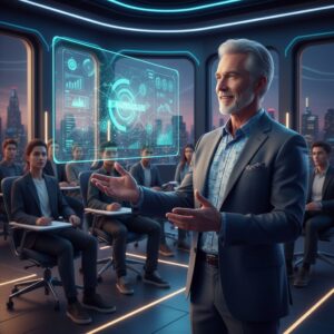 이미지 5 - 은퇴 후에도 AI 기술을 활용해 자신의 전문 지식을 나누는 시니어 강사의 열정적인 모습