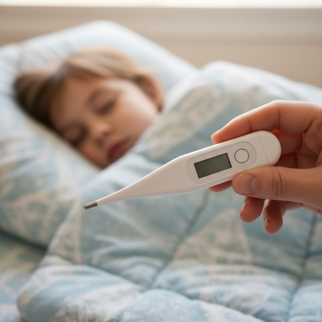 이미지 4 - 아이의 상태를 체크하며 체온계를 확인하는 엄마의 세심한 손길