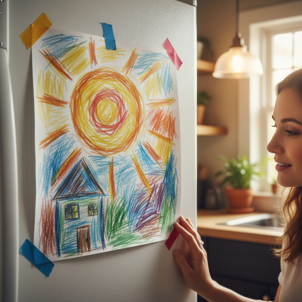 이미지 3 - 아이의 서툰 그림이나 삐뚤빼뚤한 글씨를 소중하게 벽에 붙여둔 모습