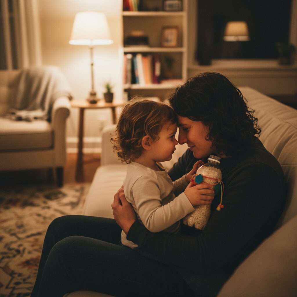 이미지 5 - 따뜻한 조명 아래서 부모와 아이가 서로의 눈을 맞추며 웃고 있는 다정한 모습