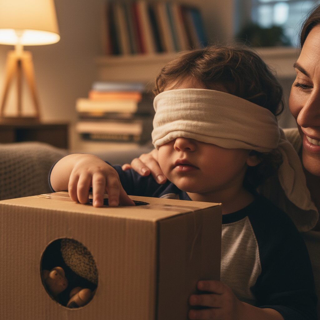 이미지 4 - 아이가 눈을 가리고 상자 속 물건을 만지며 집중하고 있는 신비로운 분위기의 사진