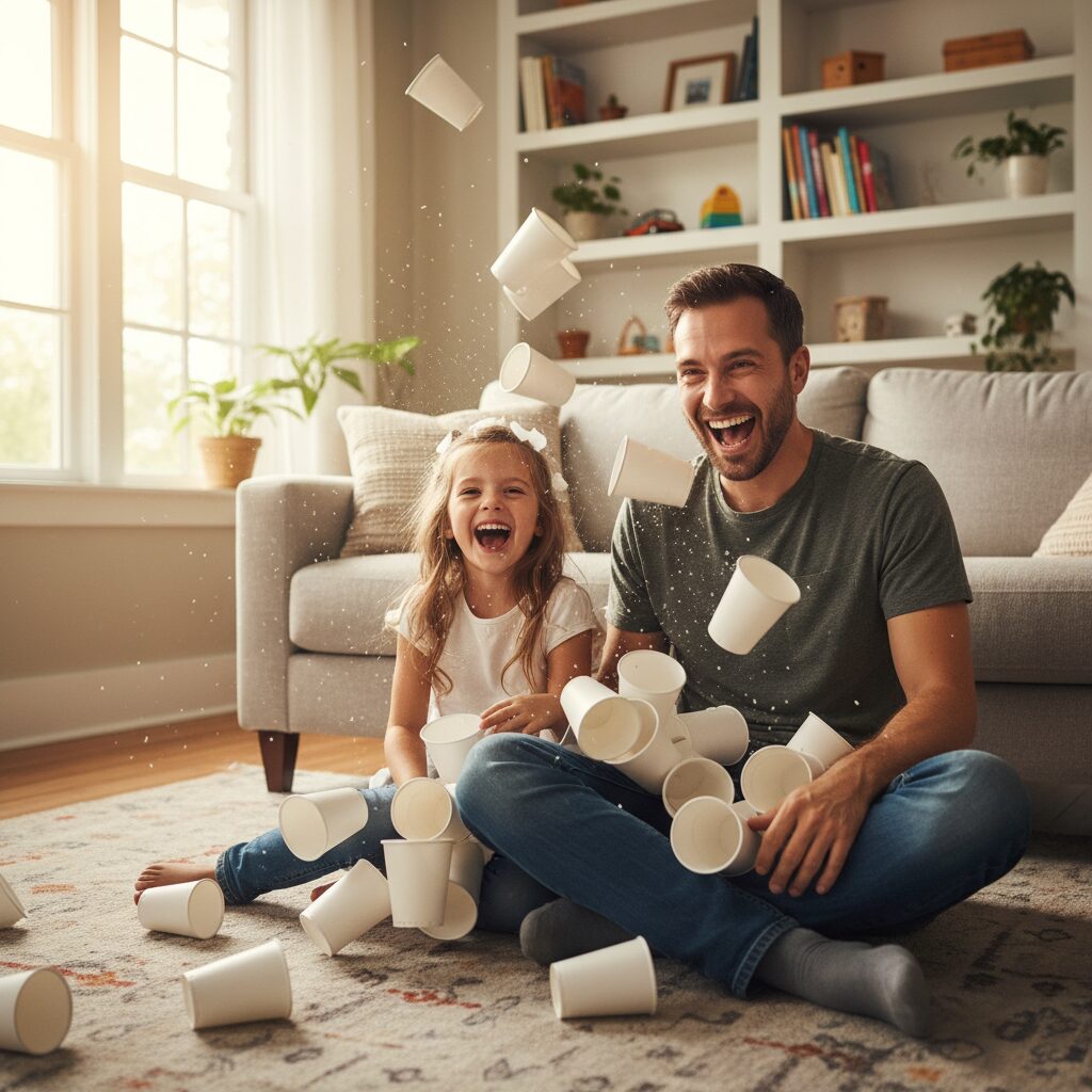 이미지 3 - 거실 가득 종이컵으로 거대한 성을 쌓고 즐거워하는 부모와 아이의 모습