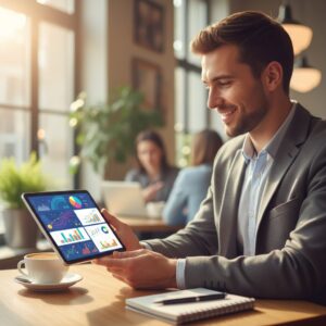 이미지 3 - 카페에서 태블릿을 활용해 고객 데이터를 분석하고 메뉴를 고민하는 젊은 사장님의 모습