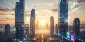 이미지 1 - 2026년의 희망찬 일출을 배경으로 미래 지향적인 한국 도심의 실루엣이 겹쳐진 모습