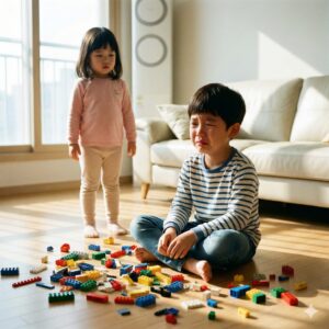 이미지 1 - 거실 바닥에 부서진 레고 조각들 옆에서 속상해하는 첫째 아이와 멀리서 지켜보는 둘째 아이의 모습