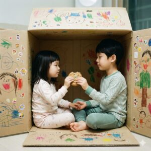 이미지 3 - 두 아이가 커다란 박스 집 안에 나란히 앉아 손을 잡고 간식을 나눠 먹는 행복한 모습