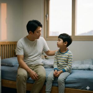 이미지 4 - 아빠가 첫째 아이의 어깨를 토닥이며 방에서 진지하게 대화를 나누는 모습