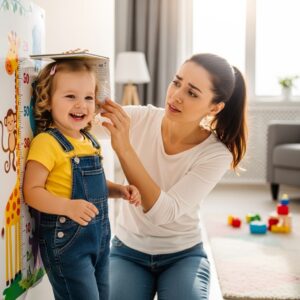 이미지 1 - 걱정스러운 표정으로 아이의 키를 재고 있는 부모와 활짝 웃고 있는 아기의 모습