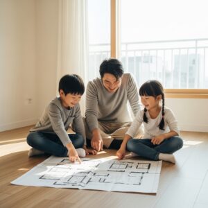 [이미지 1: 햇살이 잘 드는 거실에서 아이들과 함께 이삿짐 박스를 풀며 즐거워하는 아빠의 모습]