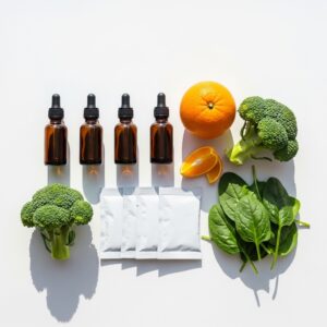 이미지 2 - 알록달록한 채소와 과일 옆에 놓인 어린이 전용 영양제 제품들