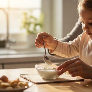 아이와 부모가 함께 요거트에 영양제 가루를 섞는 모습