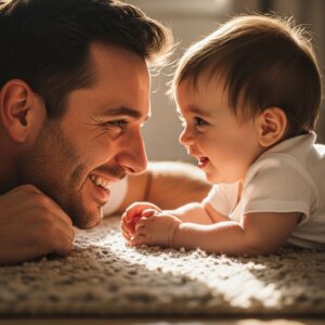 이미지 3 - 아빠와 아기가 바닥에 누워 서로 눈을 맞추며 장난스럽게 웃고 있는 따뜻한 사진