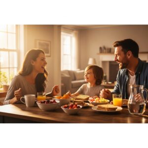 이미지 4 - 아이와 함께 즐겁게 식탁에 앉아 식사하는 행복한 가족의 모습