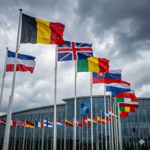 [이미지 2 - 나토 본부 앞에 게양된 회원국 깃발들이 바람에 흩날리는 모습]