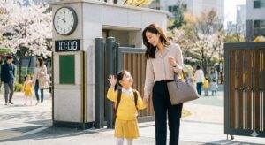 [이미지 3 - 여유롭게 아이를 등원시키고 출근하는 엄마의 밝은 모습]