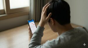 [이미지 1 - 통장 잔고를 보며 고민에 빠진 20대 청년의 뒷모습]