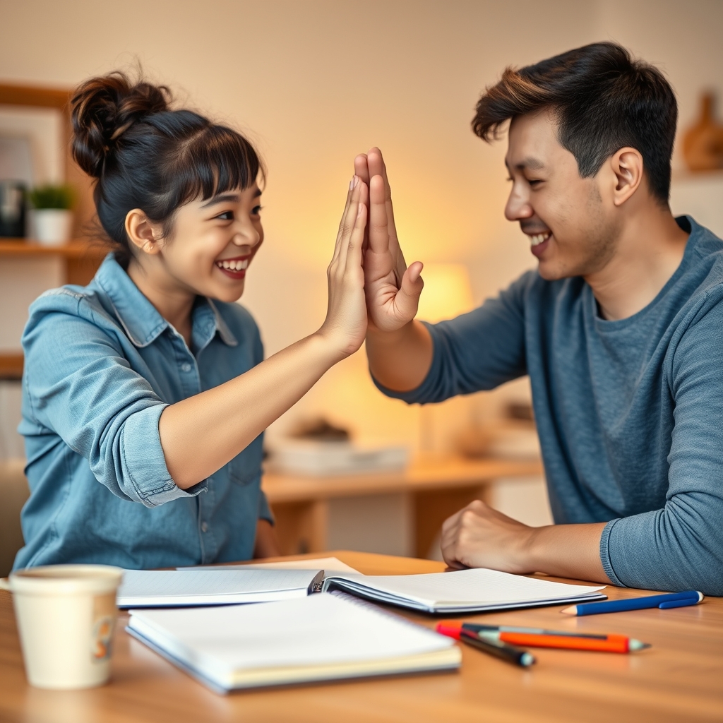 여름방학 숙제 전쟁 끝내기: 초등 자녀 독서·그림일기 지도가 쉬워지는 5가지 실전 전략 3 숙제를 끝내고 부모와 하이파이브를 하며 기뻐하는 아이