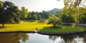 여름 햇살이 내리쬐는 평화로운 충남의 공원 풍경