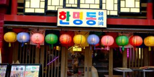 다채로운 조명과 활기찬 분위기가 가득한 한국의 야시장 전경