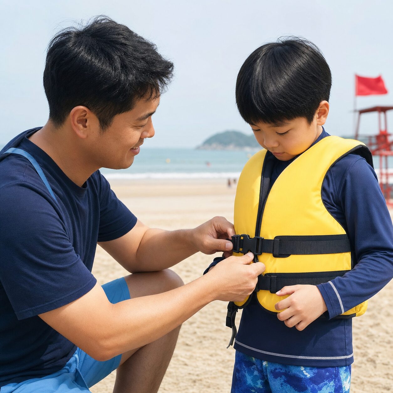해수욕장에서 아이의 구명조끼 버클과 착용 상태를 확인하는 보호자