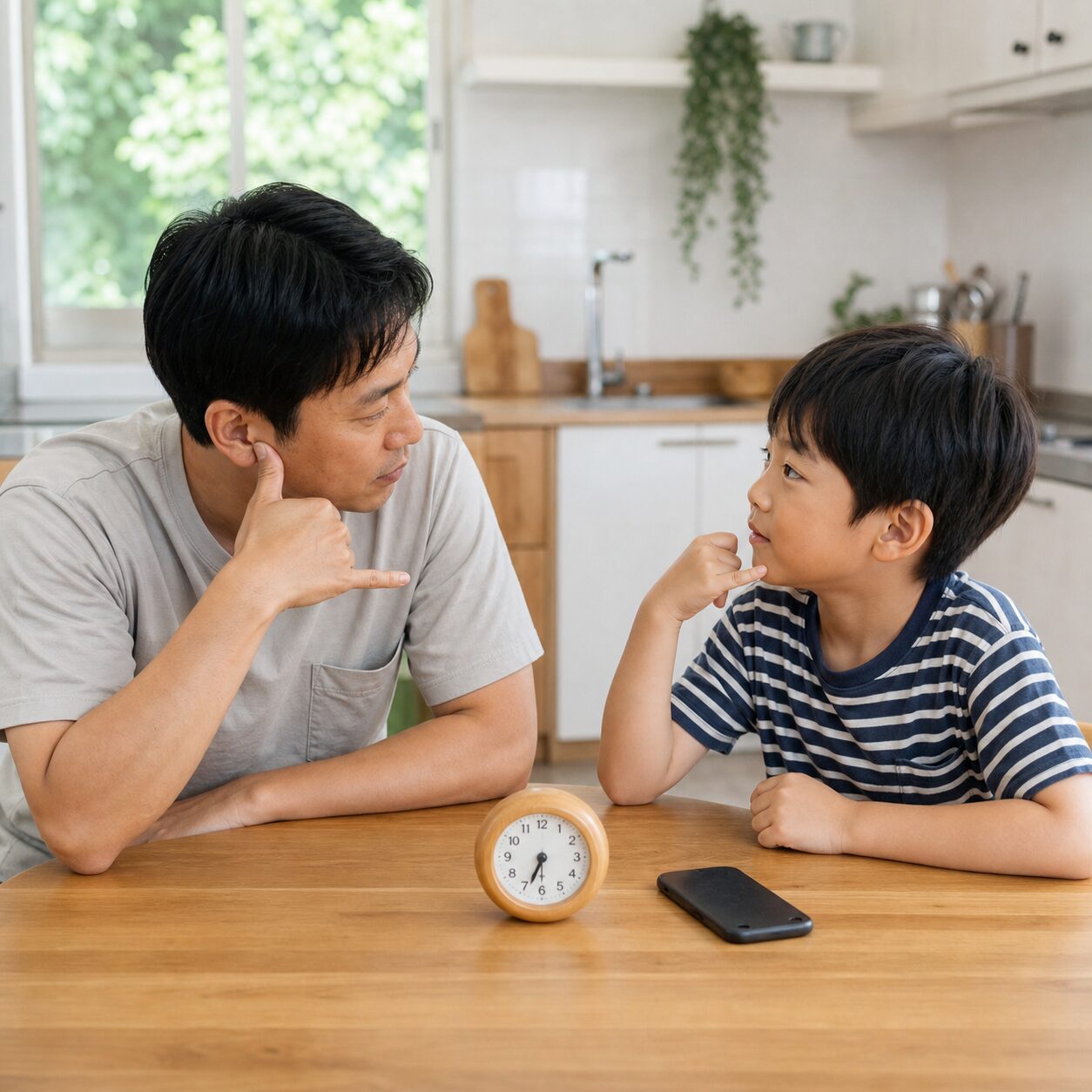 보호자와 아이가 응급 연락 역할극을 하는 모습