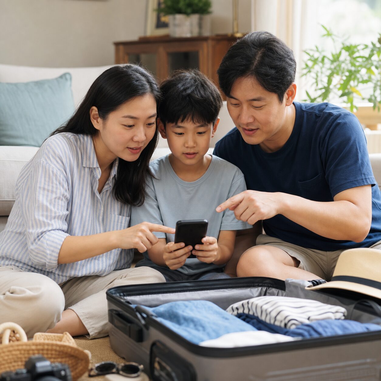 휴가철 공공 와이파이 보안, 30~40대 부모가 확인할 10가지 2 여행 전 스마트폰 보안 규칙을 함께 확인하는 부모와 자녀