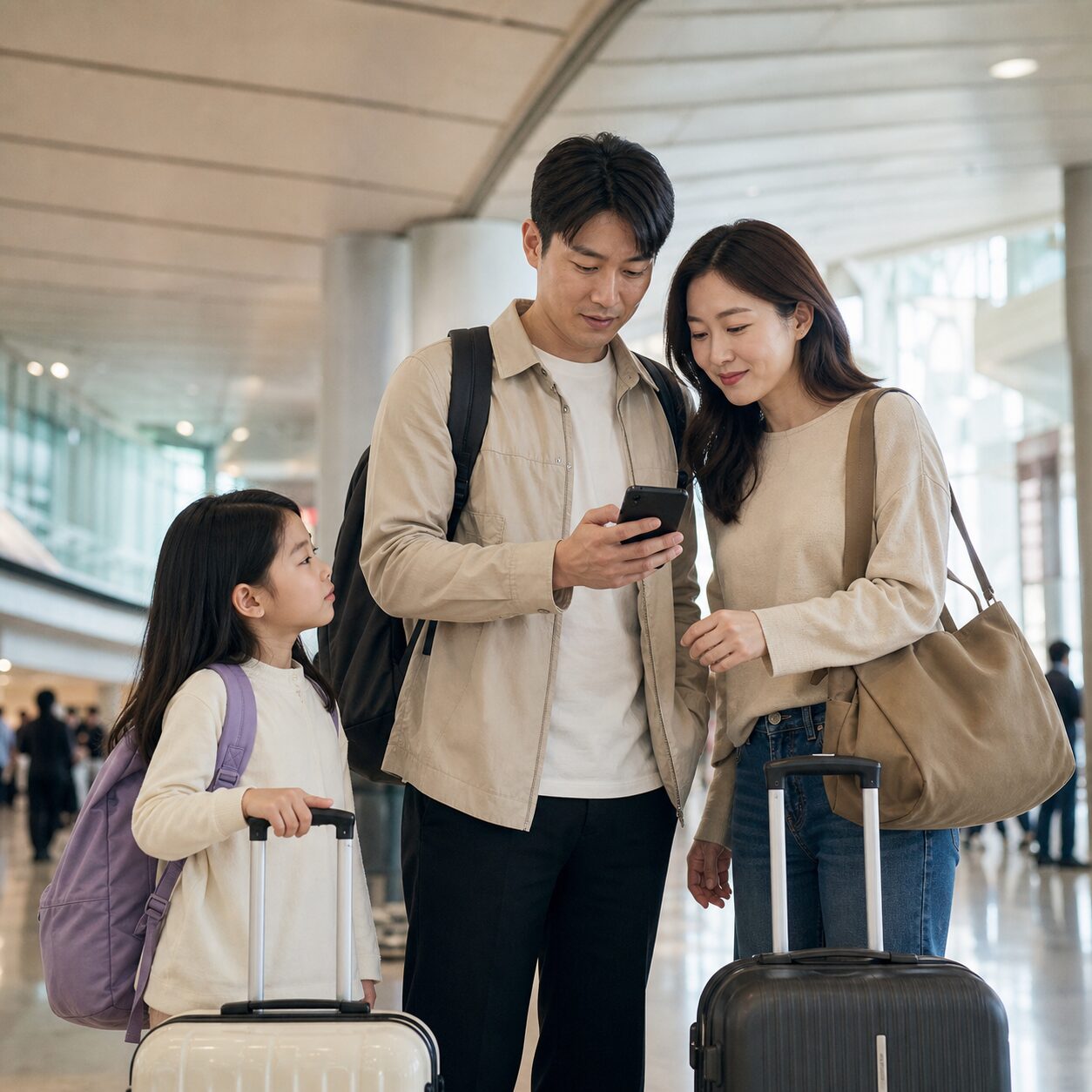 해외 공항 도착 후 가족이 휴대폰 연결 상태를 확인하는 모습
